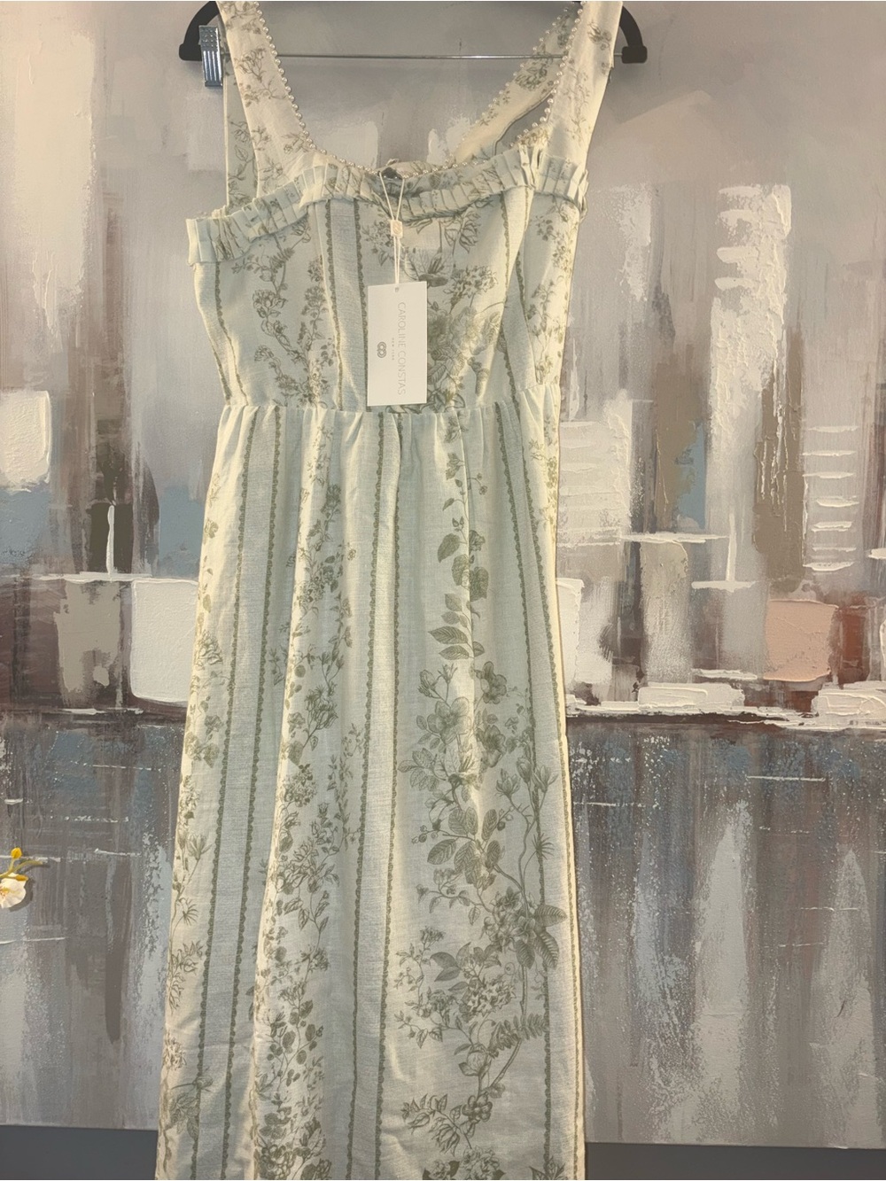 Caroline Constas Sage Green Floral Cottagecore Midi Dress Romantic Prairie Summe - Picture 7 of 9